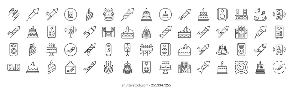 Holiday, Party, Fireworks, Cooks and Stereo Line Icon Collection. Editable Stroke. Minimalistic Linear Pictogram for Design of Cards, Apps, Banners, Posts