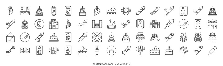 Holiday, Party, Fireworks, Cooks and Stereo Outline Web Line Icons Collection. Editable Stroke. Minimalistic Linear Pictogram for Design of Cards, Apps, Banners, Posts