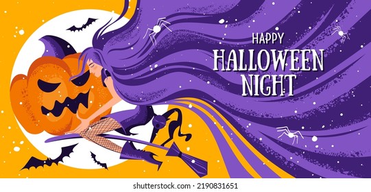 Holiday party greeting card for Halloween. Cute witch, magic broom, devil pumpkin, black cat, moon, bats and spiders. Vector template for card, poster, flyer, banner and other