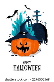 Holiday party greeting card for Halloween. Devil's pumpkin in the cemetery, crosses, grave and bats. Vector template for card, poster, flyer, banner and other