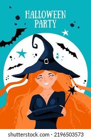 Holiday party greeting card for Halloween. Cute Witch, magic wand, moon and bats. Vector template for card, poster, flyer, banner and other