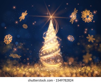 Holiday party invitation background. Shiny Christmas tree with glowing hanging garland lights season greetings template. Vector eps10.