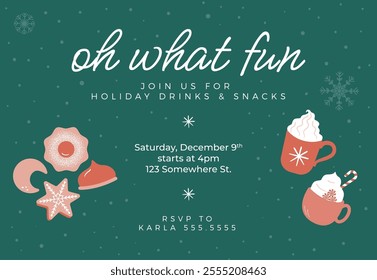 Holiday party invitation with holiday cookies, drinks and snow flakes in the background