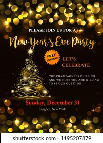 Holiday party invitation with golden lights, Christmas tree and text. Bokeh background with copy space. Possible to create holiday cards or banner.