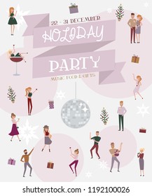 Holiday party invitation poster with people celebrating,laughing and dancing young people at party. Funny cartoon style icons collection with men and women. Editable vector illustration