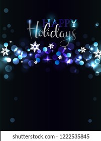 Holiday party invitation with silver-blue lights, bokeh background with copy space. Possible to create holiday cards or banner.