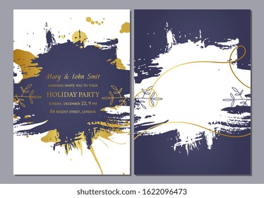 Holiday party invitation template design with an abstract irregular shaped frame and central copy space surrounded with leaves, vector illustration