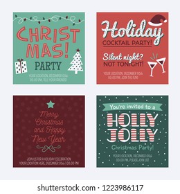 Holiday Party invitations set with typography and seasonal elements in a classic christmas colour palette