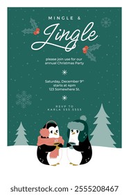 Holiday party invite with two cute penguins wearing winter accessories and drinking warm drinks in a snowy setting between trees