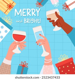 Holiday party postcard. Male ethnic black and light skinned hand with glass of red and white wine and female hand with drink in glassful on blue checkered background with gifts. Vector illustration