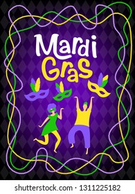 Holiday party poster of Mardi Gras carnival or Shrove Tuesday, background for greeting card, banner, gift packaging, sale or party templates 