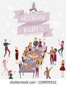 Holiday party poster with people sitting at table laughing, eating food, drinking wine and talking to each other. Christmas dinner with family. Editable vector illustration