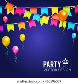 Holiday, Party and Presentation Background for Greeting Cards, Invitations and Sale Design. Celebrate Banner with Flags, Lights and Balloons. Vector illustration