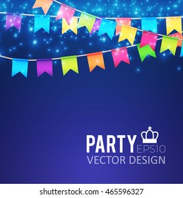 Holiday, Party and Presentation Background for Greeting Cards, Invitations and Sale Design. Celebrate Banner with Flags, Lights and Balloons. Vector illustration
