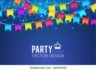 Holiday, Party and Presentation Background for Greeting Cards, Invitations and Sale Design. Celebrate Banner with Flags, Lights and Balloons. Vector illustration
