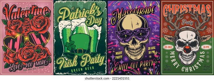 Holiday party set colorful vintage flyers green beer for Saint Patrick day and skull with Christmas deer antlers vector illustration