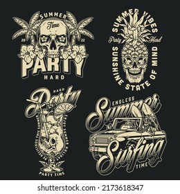 Holiday party set elements vintage monochrome summer relax and chill in hot resort with surfboards and cocktails vector illustration