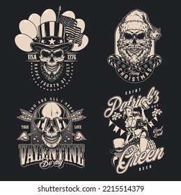 Holiday party set flyers monochrome vintage woman celebrating saint Patrick day and skull for valentine day or Christmas vector illustration