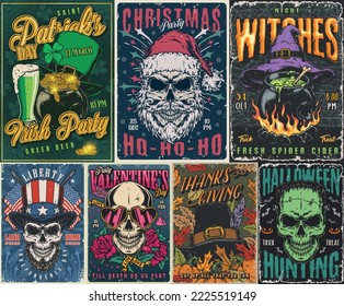 Holiday party set flyers vintage colorful Santa skull and Halloween monster near hat for thanksgiving or Saint Patrick vector illustration