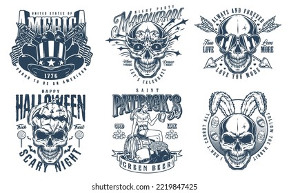 Holiday party set monochrome posters vintage skull wearing mask for Italian masquerade or wearing glasses for Valentine Day vector illustration