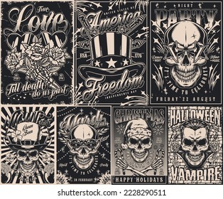 Holiday party set monochrome posters vintage scary tickets with skulls for Christmas and Halloween or Mardi Gras carnival vector illustration