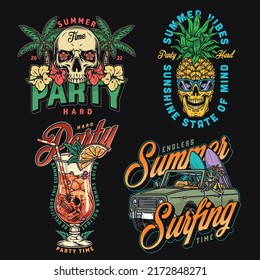 Holiday party set vintage colorful stickers summer relax and surf session with cold cocktail and pineapple in sunglasses vector illustration