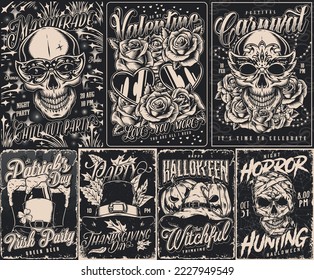 Holiday party set vintage flyers monochrome glasses and roses for Valentine day and beer for Saint Patrick event vector illustration