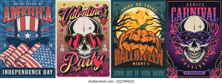 Holiday party set vintage posters colorful skull with glasses for valentine day and Halloween pumpkin wishing scary night vector illustration