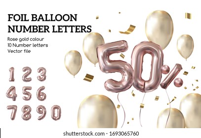 Holiday And Party Vector Foil Balloon Number Letters : 
Rose Golden Balloons And Ribbons And Confetti.