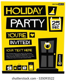 Holiday Party! You're Invited! (Flat Style Vector Illustration Holidays Quote Poster Card Design) with Text Box Template