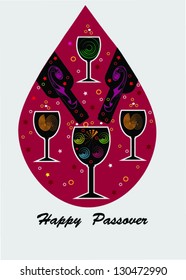 holiday passover card,drop of wine with bottle and glasses,passover wine.
