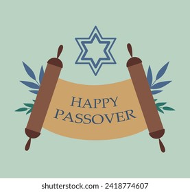 Holiday Passover concept. Torah, star daviva, leaves, branches, text. Template, frame for greeting card