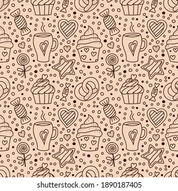 Holiday Pastry, Dessert Doodle vector seamless pattern. Sweet Food and Cup of Coffee. Cupcakes, Candies, Cookies, Hearts. Tea Party background for cafe menu, scrapbooking, wrapping, package paper