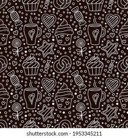Holiday Pastry, Dessert Doodle vector seamless pattern. Sweet Food and Cup of Coffee. Cupcakes, Candies, Cookies, Hearts. Tea Party background for cafe menu, scrapbooking, wrapping, package paper