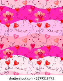 Holiday pattern with balloons. Pink seamless background with hearts shapes ballons. Bright composition for background, holiday wallpaper, wrapping paper, textiles and so on