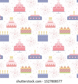 Holiday pattern with cakes and star fireworks in trendy flat style for packaging paper, invitation card, birthday party etc. 