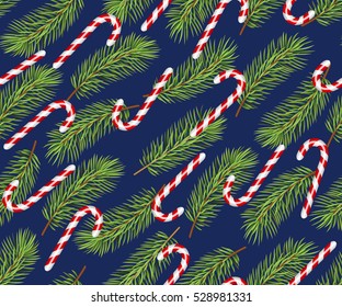 Holiday pattern. Candy cane. Christmas decoration. Christmas tree. Seamless background. Vector Illustration.