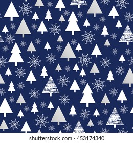 Holiday pattern, Christmas decoration. Forest on a blue background. Snow in the woods. White and silver trees. Vector illustration.