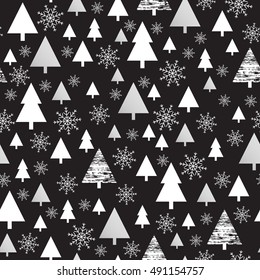 Holiday pattern, Christmas decoration. Forest on a black background. Snow in the woods. White and silver trees. Vector illustration.
