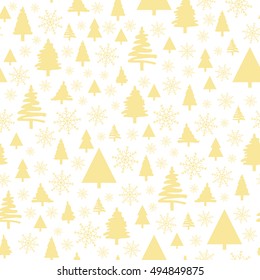 Holiday pattern, Christmas decoration. Forest on a white background. Snow in the woods. White trees and spruce. Vector illustration.