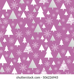 Holiday pattern, Christmas decoration. Forest on a violet background. Snow in the woods. White and silver trees. Vector illustration.