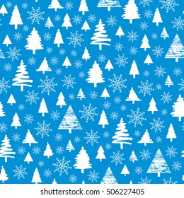 Holiday pattern, Christmas decoration. Forest on a blue background. Snow in the woods. White trees and spruce. Vector illustration.