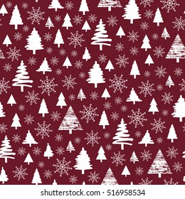 Holiday pattern, Christmas decoration. Forest on a red background. Snow in the woods. Vector illustration.