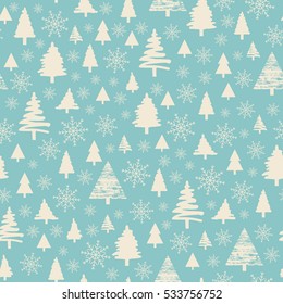 Holiday pattern Christmas decoration. Forest on a blue background. Snow in the woods. White trees and spruce. Vector illustration.