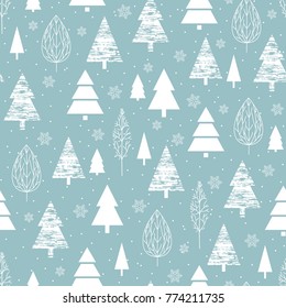 Holiday pattern Christmas decoration. Forest on a blue background. Snow in the woods. White trees and spruce. Vector illustration.