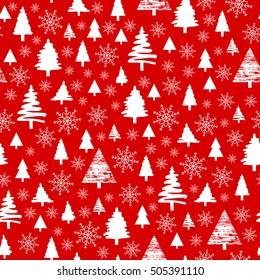 Holiday pattern, Christmas decoration. White forest on a red background. Snow in the woods. White trees and spruce. Vector illustration.