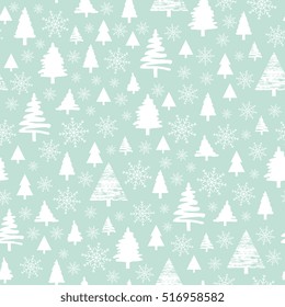 Holiday pattern, Christmas decoration. White forest on a blue background. Snow in the woods. White trees and spruce. Vector illustration.