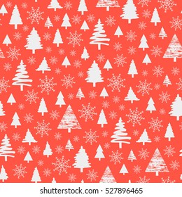 Holiday Pattern, Christmas Decoration. Winter Forest On A Coral Background. Snow In The Woods. White Trees And Spruce. Vector Illustration.