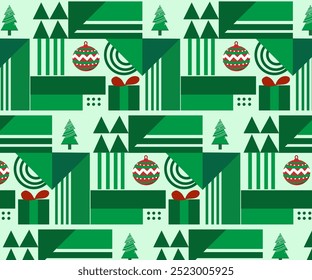 Holiday pattern with Christmas elements in flat style. Design in geometric style. Merry Christmas colorful design for greeting cards, banners, covers in modern minimalistic geometric style..