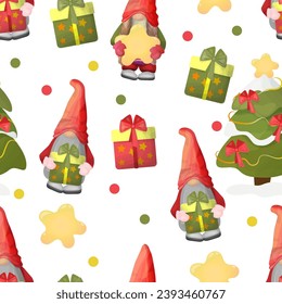 Holiday pattern with Christmas trees and gnomes. Seamless vector background for wrapping paper, fabric, clothing, textiles, surface textures, scrapbooking.